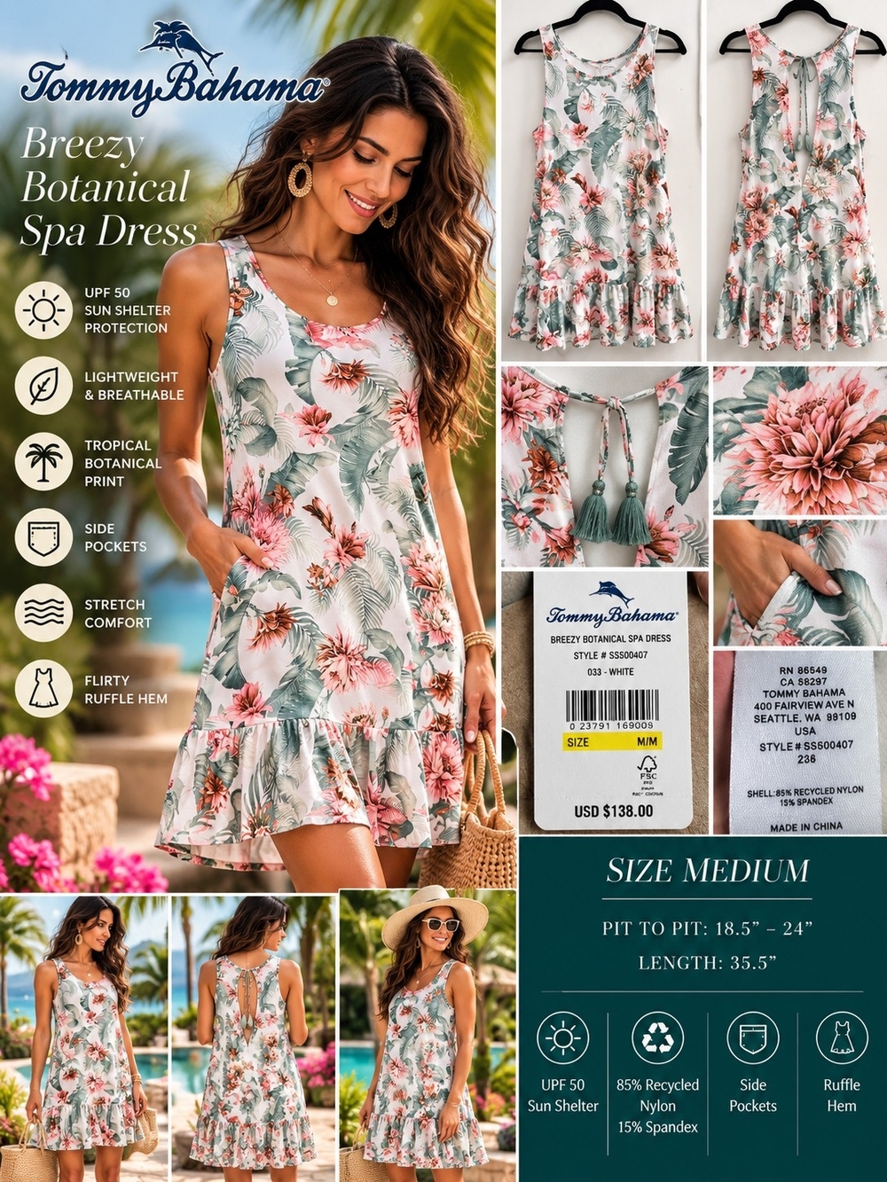 NWT Tommy Bahama Breezy Botanical Spa Dress M UPF 50 Floral $138